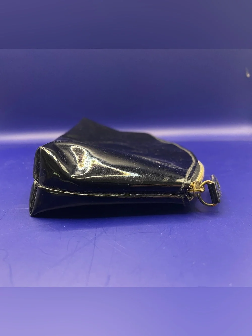 Vintage Glossy Black Patent Leather Cosmetic Bag Gold Zipper Small